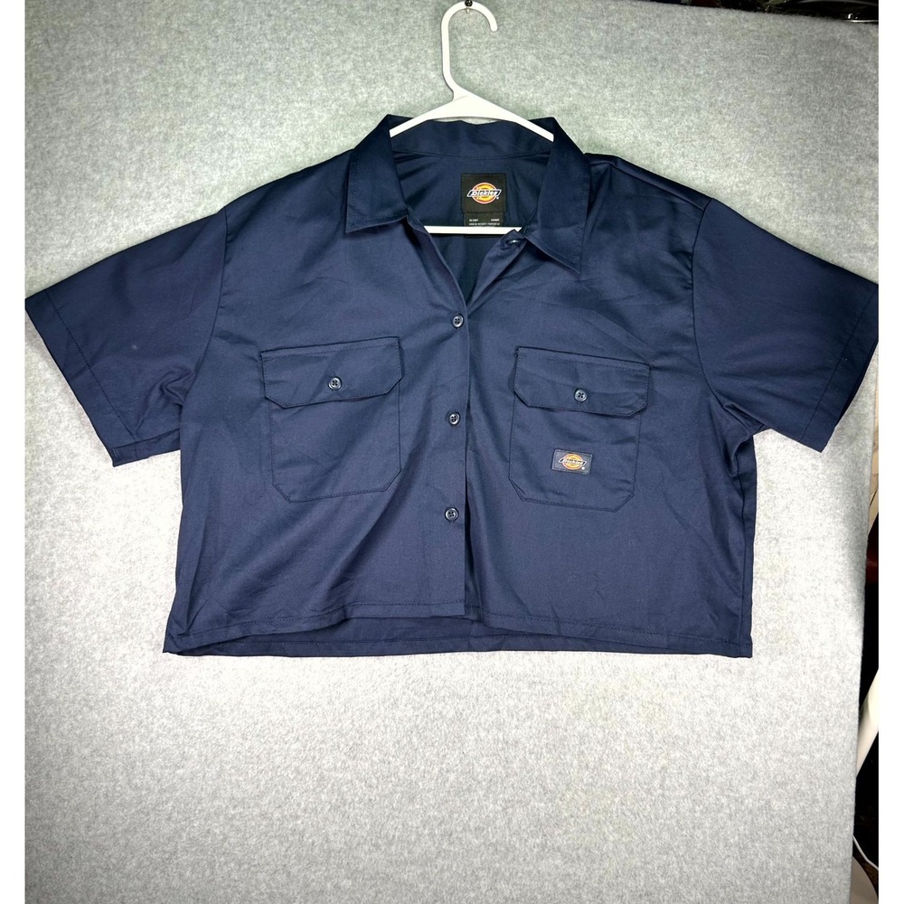 Dickies Cropped Work Shirt Womens XL Ink Navy Pockets Short Sleeve Button Up